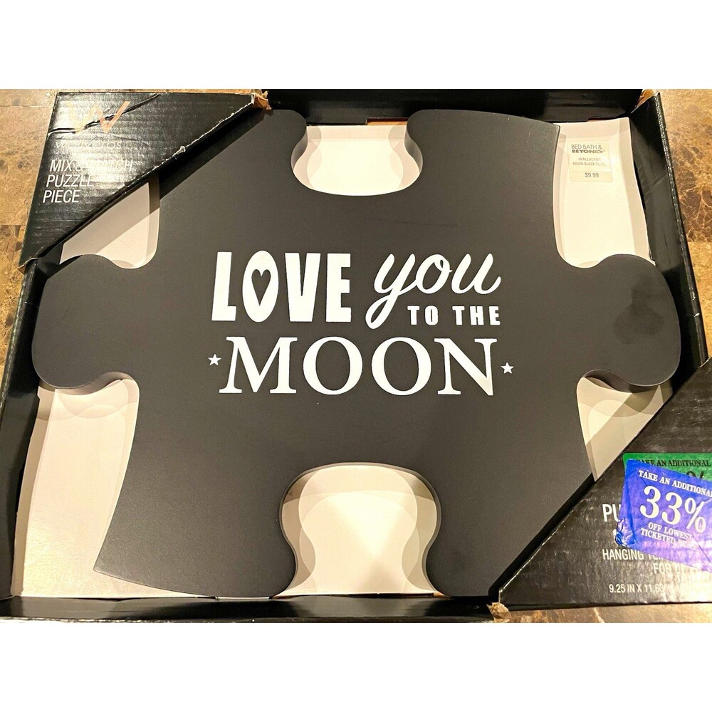 Puzzle Piece Wood Wall Sign Love you to the Moon Black/White 12x9 home decor